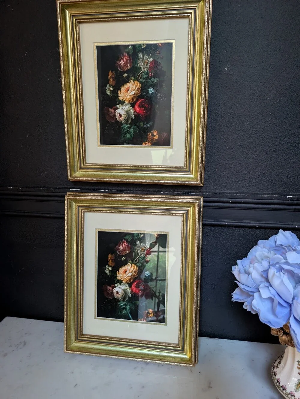 Vintage, set of 2, Gold Detail Wood Matted Frame w/ vintage style Floral Prints